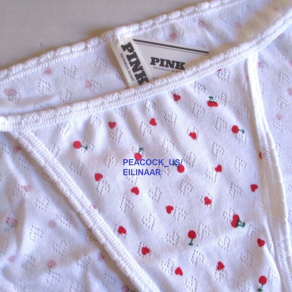 Victoria Secret PINK 100% Cotton String Bikini Panty White Red Cherry Hearts nwt - Picture 6 of 8